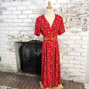 Floral Red Dress with Belt